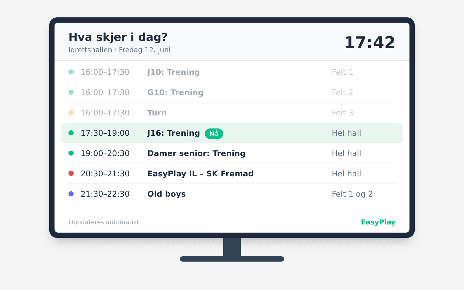 Storskjerm i hallen som viser dagens aktiviteter med tid og felt, og hva som pågår nå