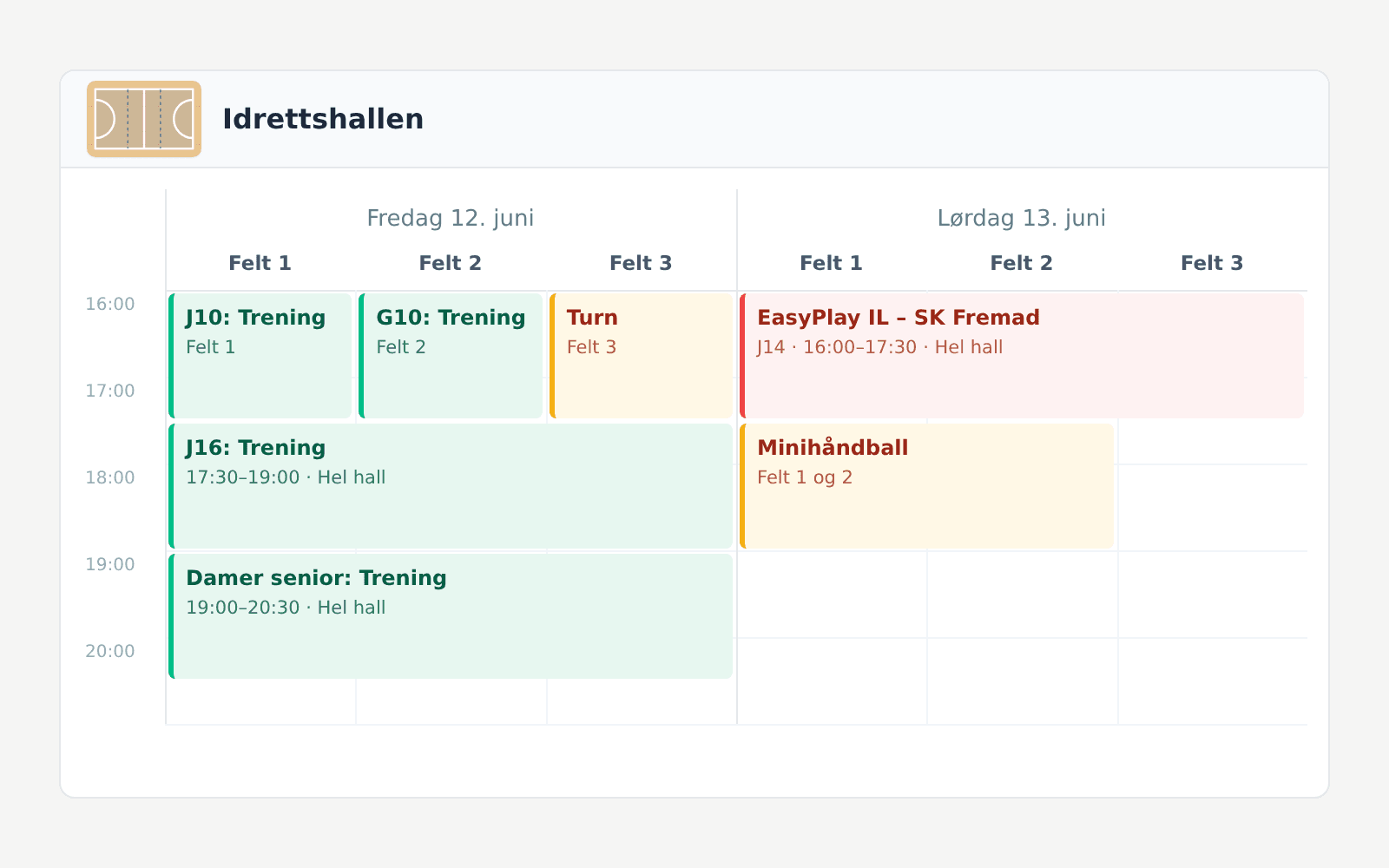 Kalender for idrettshallen med treninger og kamp fordelt på tre felt
