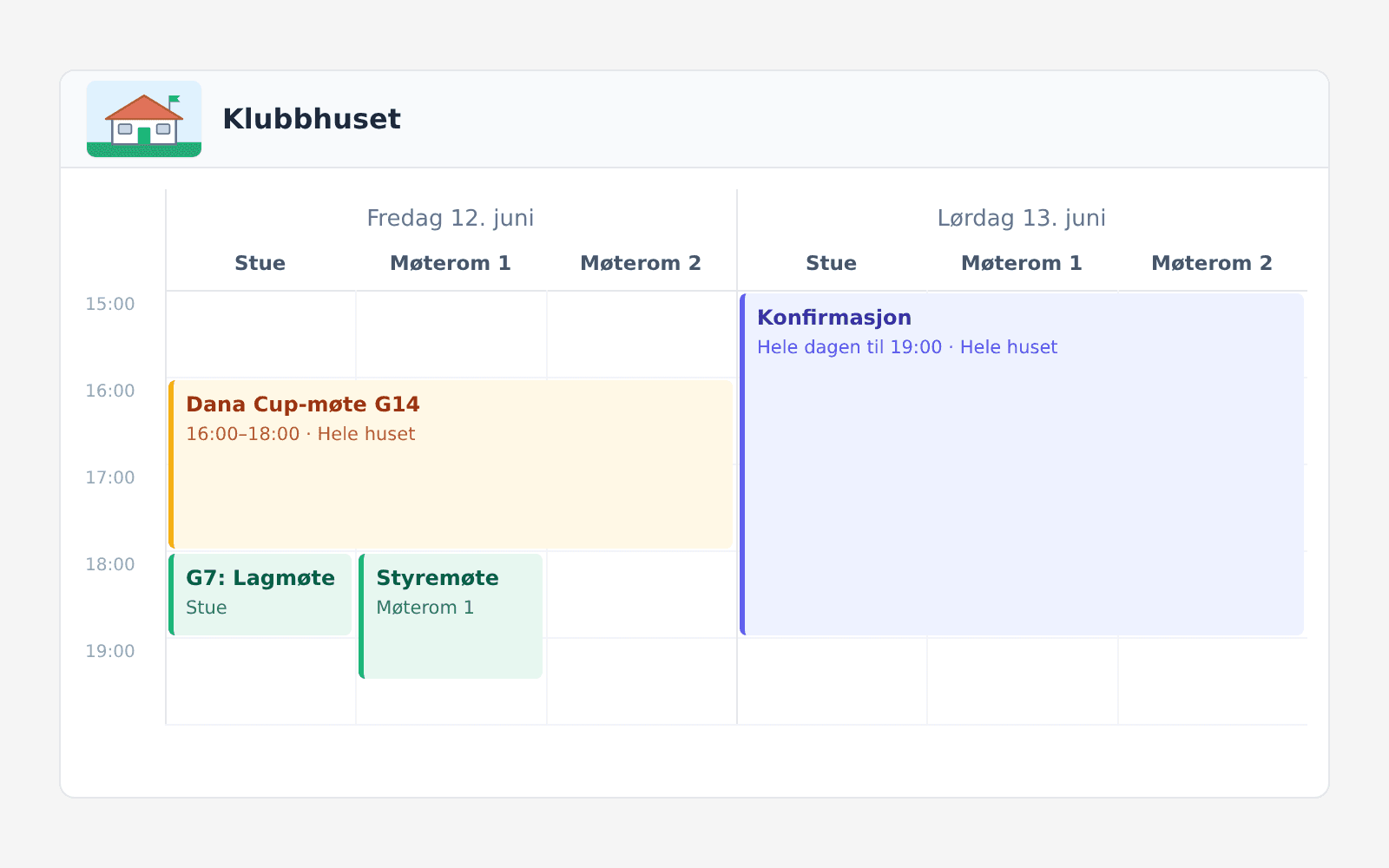 Kalender for klubbhuset med møter i stue og møterom og en konfirmasjon