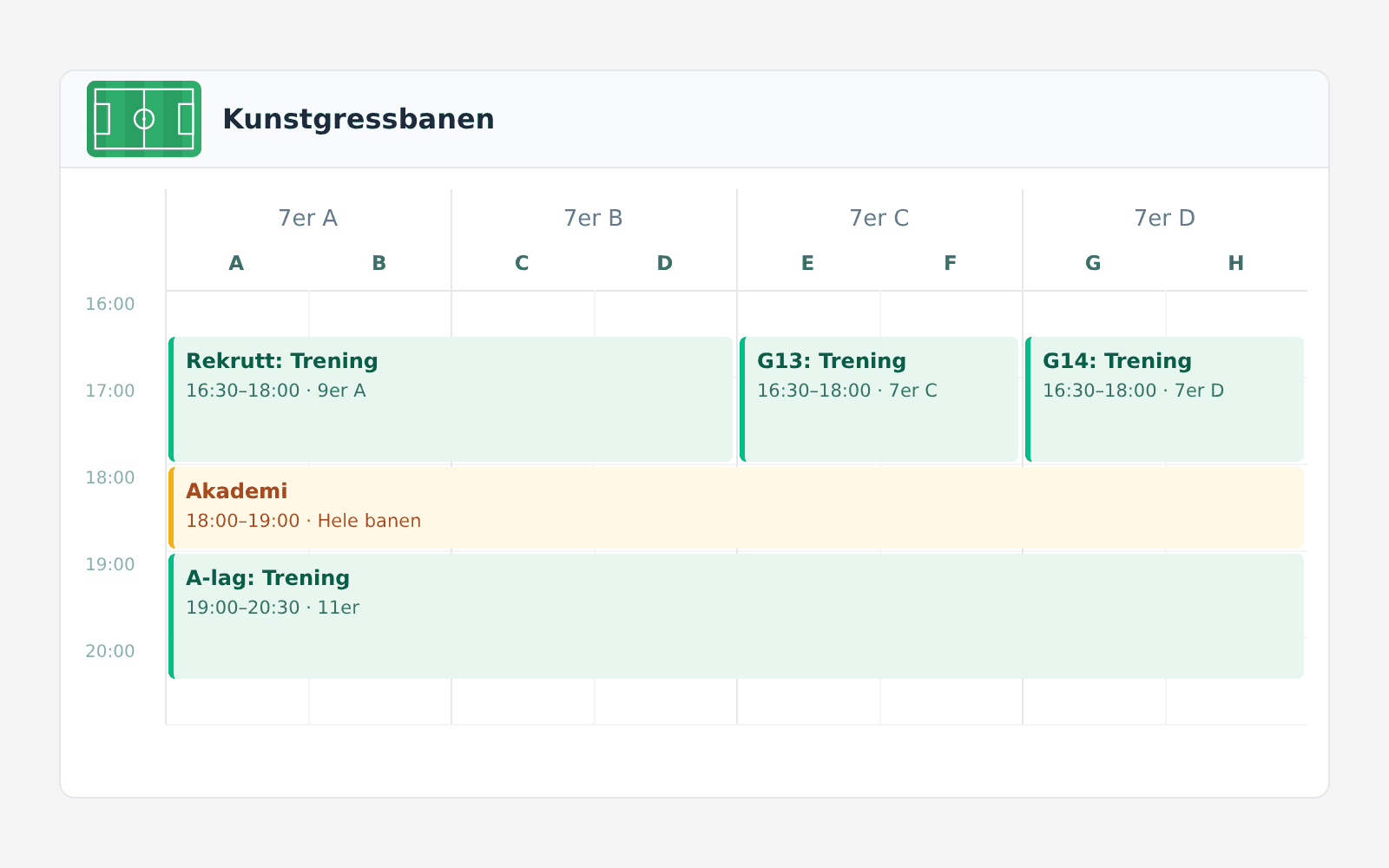 Kalender for kunstgressbanen med treninger på 7er-soner og hele banen