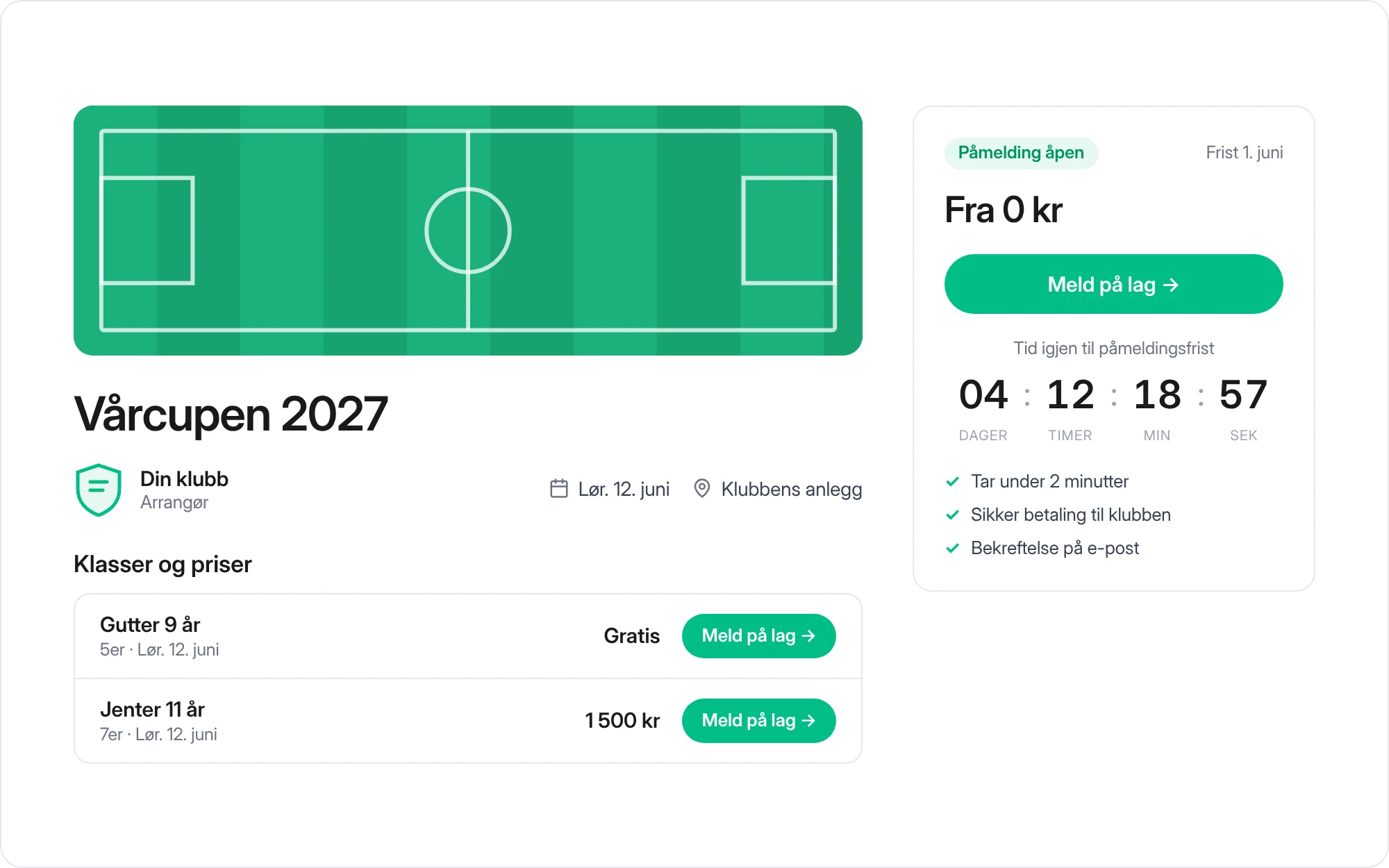 Cupside med klasser og priser, arrangør og nedtelling til påmeldingsfrist