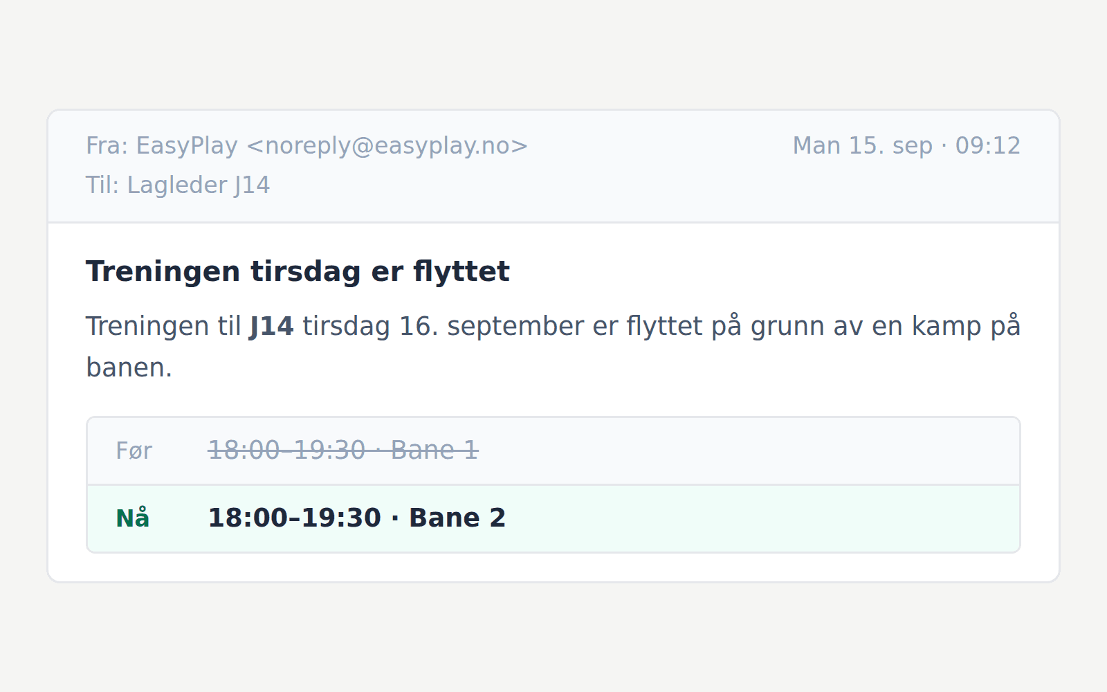 Varsel til lagleder om endret trening