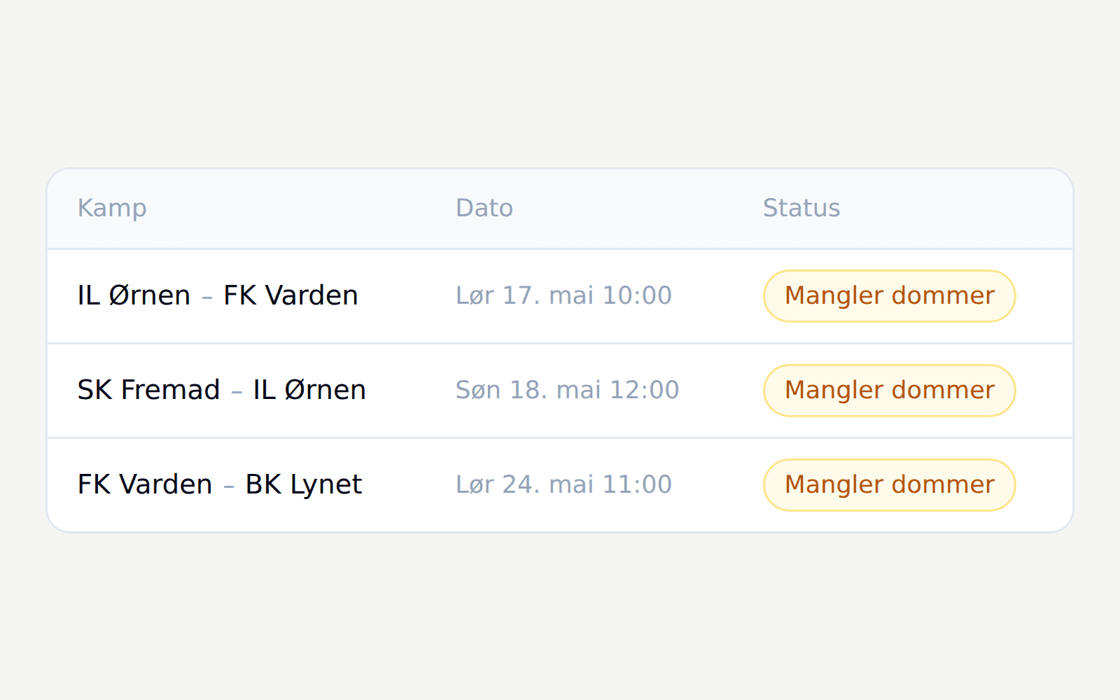 Kampliste i EasyPlay med kamper som mangler dommer