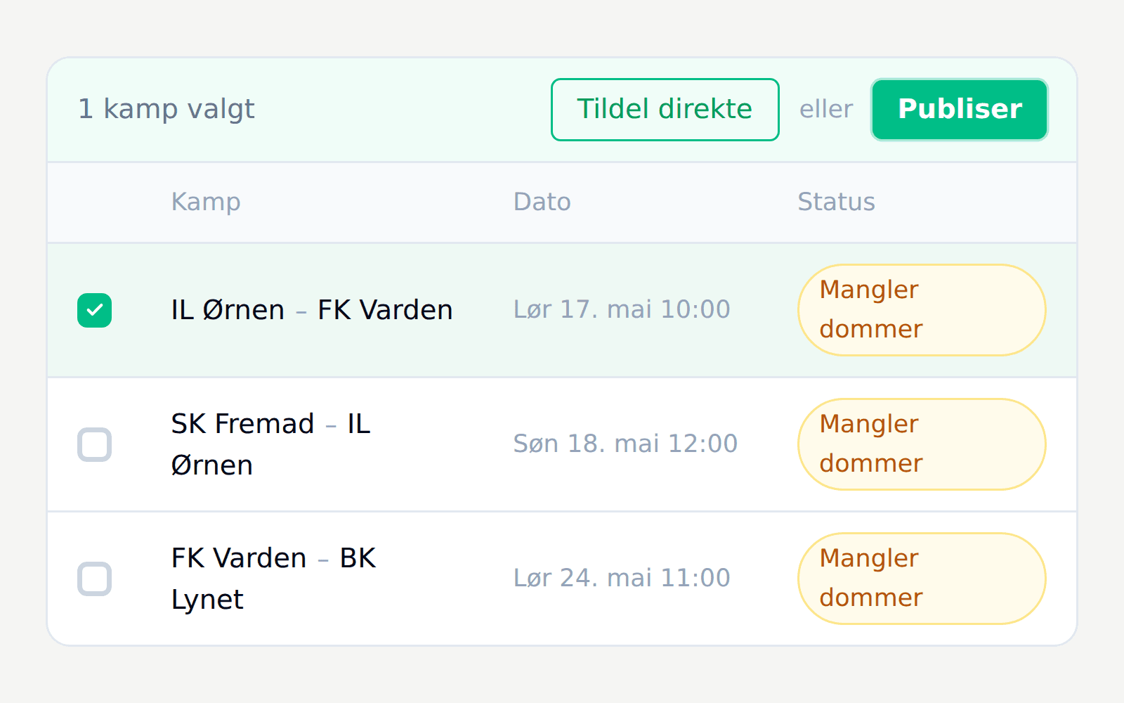 Valgt kamp i kamplisten med knappene Tildel direkte og Publiser