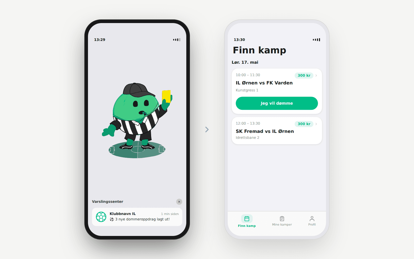 Klubbdommer-appen med varsel om nye oppdrag og skjermen Finn kamp