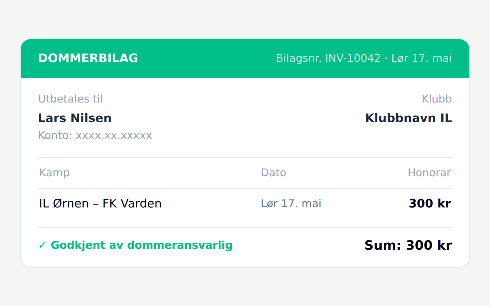 Automatisk generert dommerbilag med honorar og godkjenning